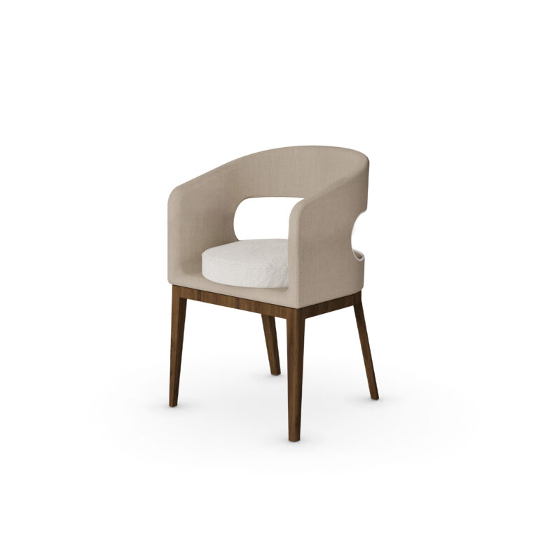 Tamara Dining Chair with walnut base and open-back design - 45-degree view