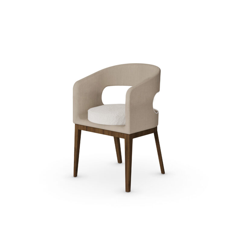 Tamara Dining Chair with walnut base and open-back design - 45-degree view