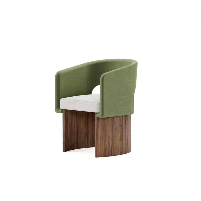 A chic Édith Dining Chair featuring walnut matte legs, a boucle fabric seat for comfort, and rich green velvet upholstery. The chair blends elegance with cozy design.