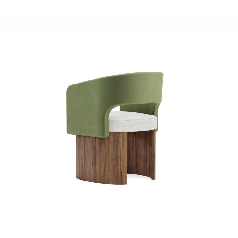 A chic Édith Dining Chair featuring walnut matte legs, a boucle fabric seat for comfort, and rich green velvet upholstery. The chair blends elegance with cozy design.