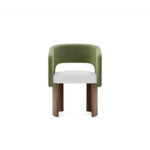 A chic Édith Dining Chair featuring walnut matte legs, a boucle fabric seat for comfort, and rich green velvet upholstery. The chair blends elegance with cozy design.