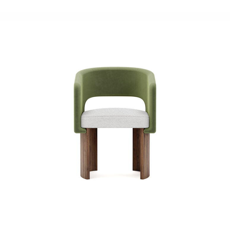 A chic Édith Dining Chair featuring walnut matte legs, a boucle fabric seat for comfort, and rich green velvet upholstery. The chair blends elegance with cozy design.