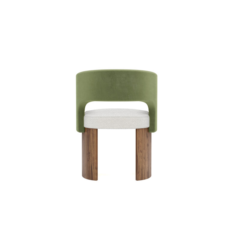 A chic Édith Dining Chair featuring walnut matte legs, a boucle fabric seat for comfort, and rich green velvet upholstery. The chair blends elegance with cozy design.