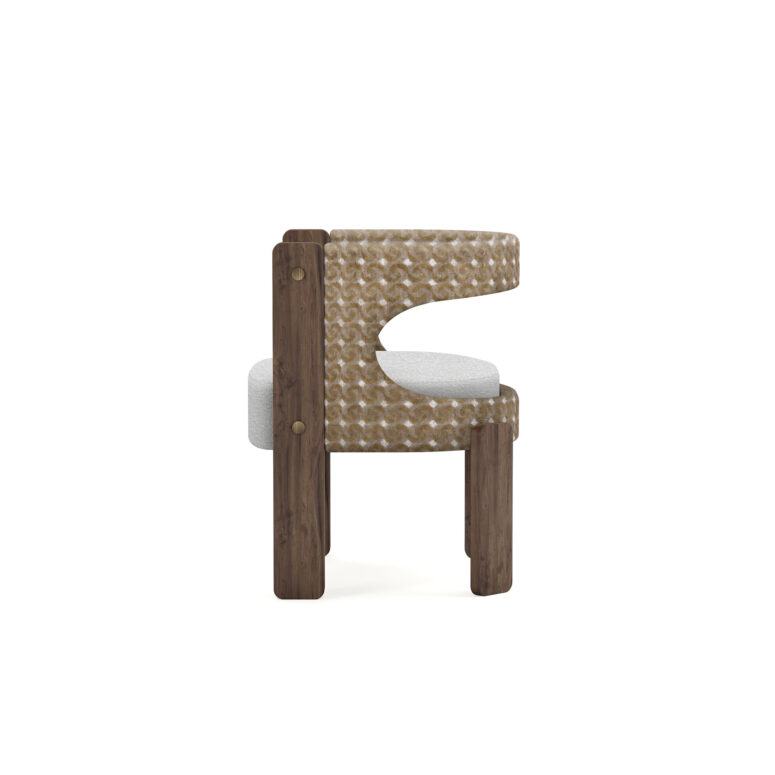 A stylish Fay Dining Chair with walnut legs, upholstered in boucle and patterned fabric. The chair combines modern design with comfort.