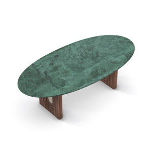 Oval Emerald Dining Table by Nolita Harbour with a luxurious Guatemala marble top and walnut legs accented with straw.