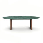 Oval Emerald Dining Table by Nolita Harbour with a luxurious Guatemala marble top and walnut legs accented with straw.