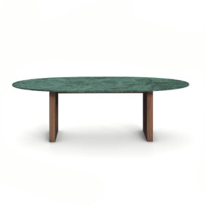 Oval Emerald Dining Table by Nolita Harbour with a luxurious Guatemala marble top and walnut legs accented with straw.