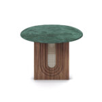 Oval Emerald Dining Table by Nolita Harbour with a luxurious Guatemala marble top and walnut legs accented with straw.