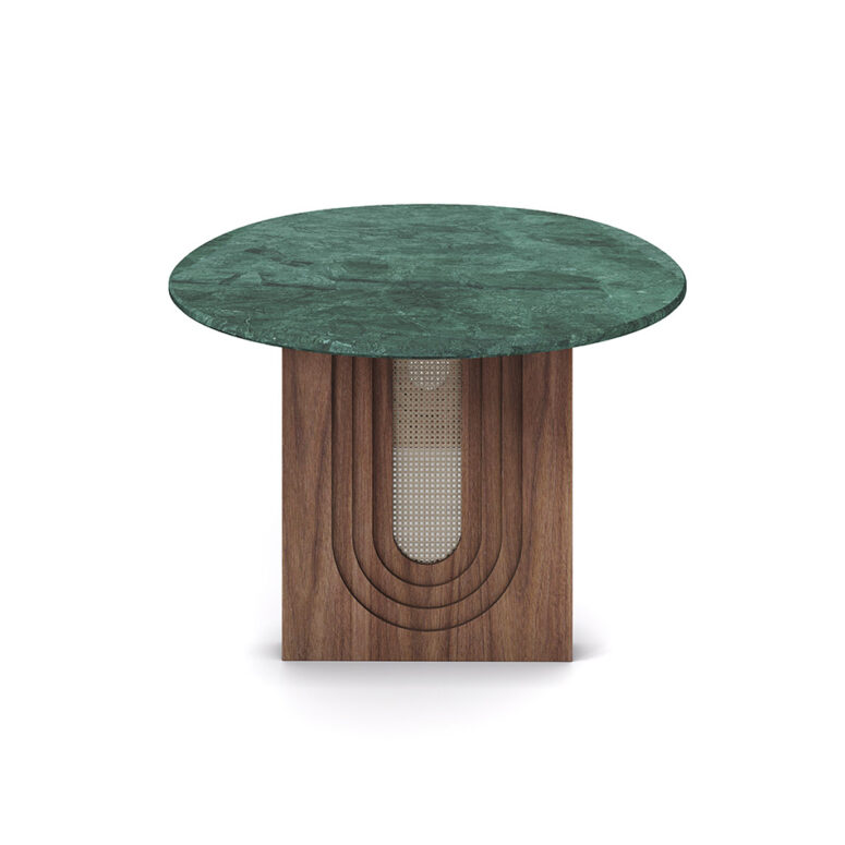 Oval Emerald Dining Table by Nolita Harbour with a luxurious Guatemala marble top and walnut legs accented with straw.