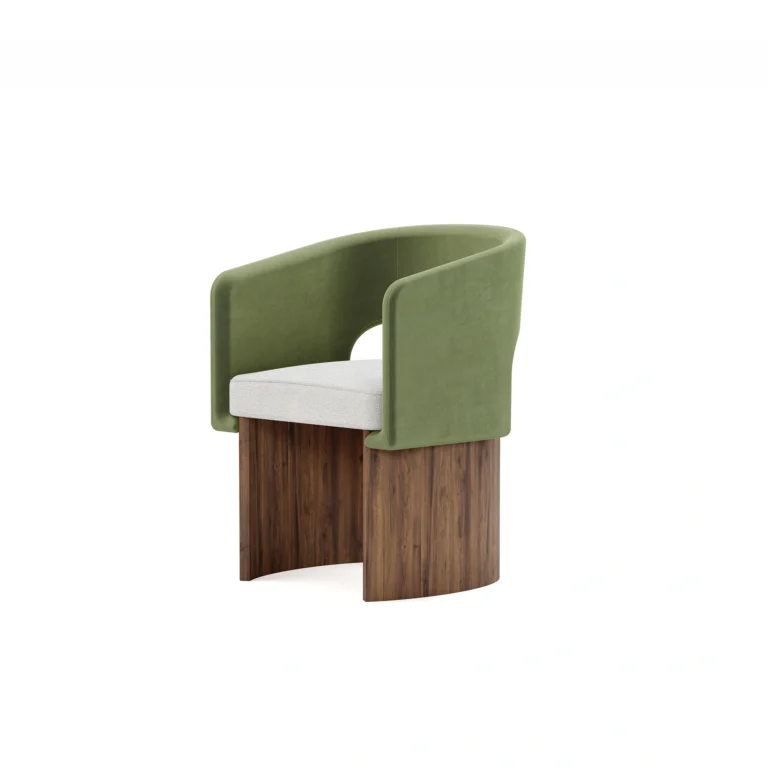Édith dining chair by Nolita Harbour, upholstered chair with velvet arms and walnut base, sculptural curved silhouette.