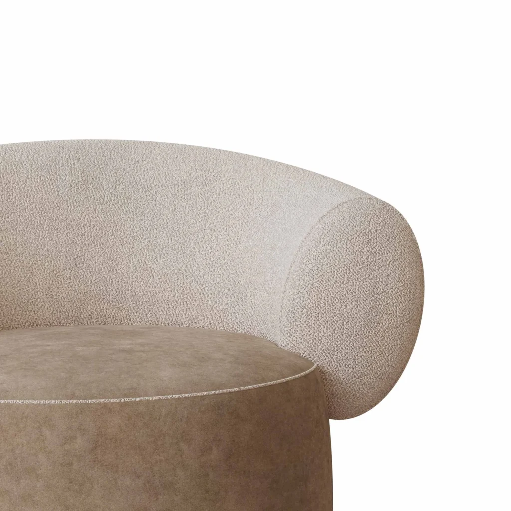 Elise bouclé armchair detail by Nolita Harbour, luxury lounge chair with scroll back, tailored seat.