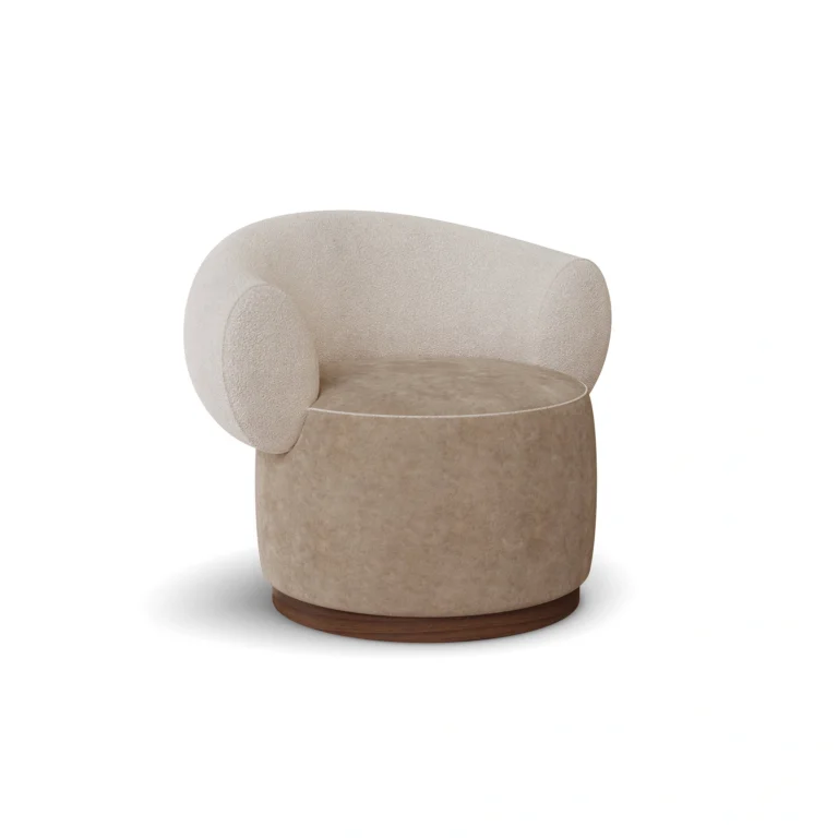 Elise armchair by Nolita Harbour, bouclé upholstered armchair with walnut base and sculptural crescent-back silhouette.