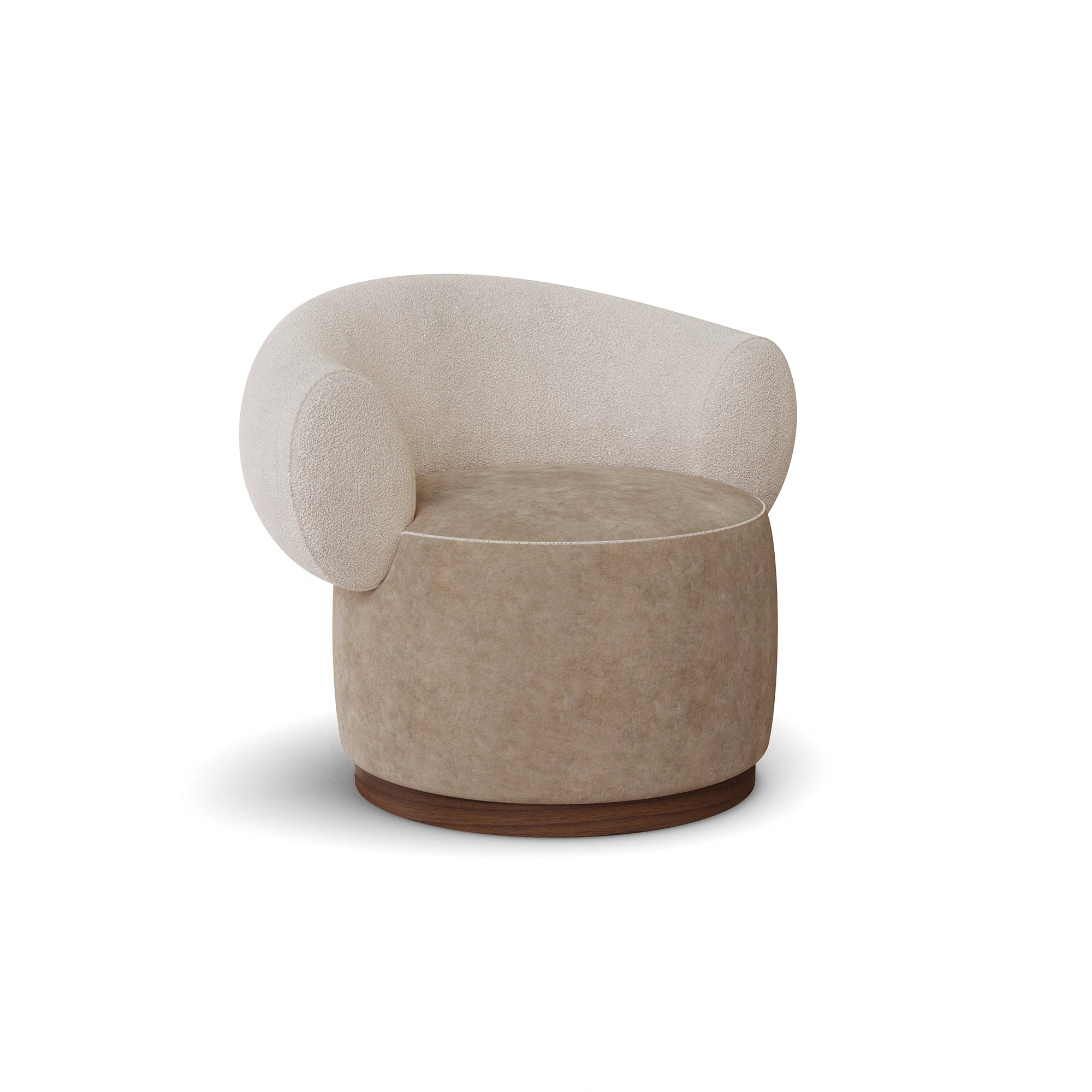 elise-armchair-front-view-1-nolita-harbour Elise armchair by Nolita Harbour, bouclé upholstered armchair with walnut base and sculptural crescent-back silhouette.