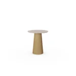 Elke Side Table, a refined side table by Nolita Harbour in travertine and oak, featuring a smooth stone top and carved wooden base.