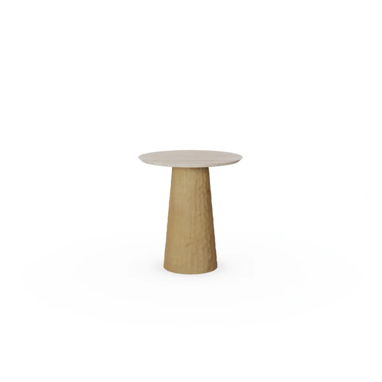 Elke Side Table, a refined side table by Nolita Harbour in travertine and oak, featuring a smooth stone top and carved wooden base.