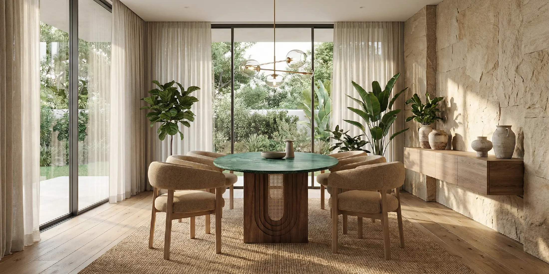 Emerald Dining Table, by Nolita Harbour, located at the center of dining room, bringing luxury and a minimalist style.