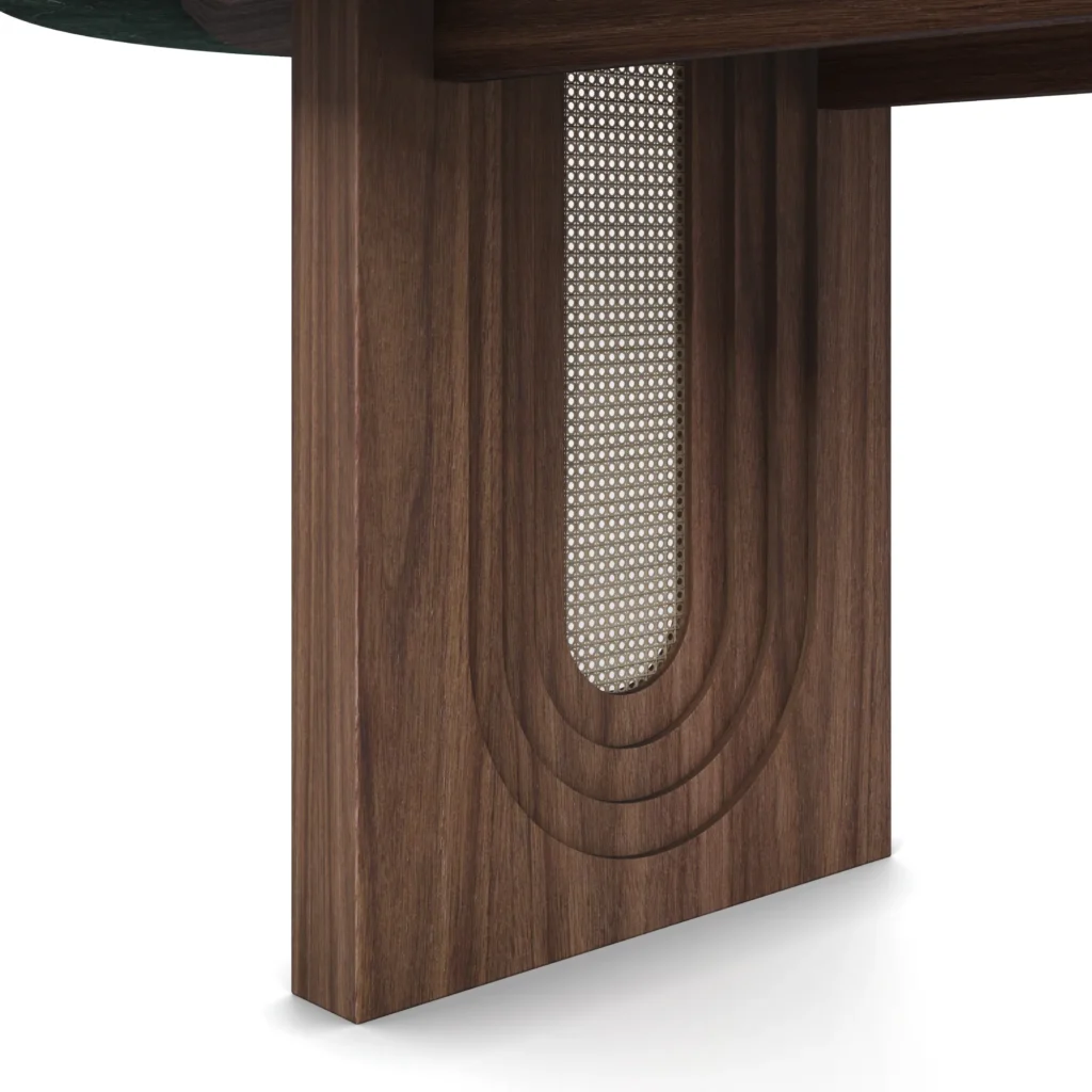 Emerald Dining Table, a sophisticated dining table by Nolita Harbour in green marble, walnut, and rattan, featuring balanced proportions