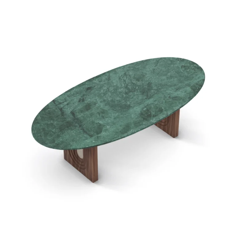 Emerald Dining Table, an elegant dining table by Nolita Harbour in green marble, walnut, and rattan, featuring an oval top and textured base