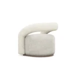 Emma armchair by Nolita Harbour, bouclé upholstered armchair with walnut plinth, sculptural wraparound back, and contemporary curved silhouette.