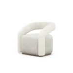 Emma armchair by Nolita Harbour, bouclé upholstered armchair with walnut plinth and sculptural curved silhouette.