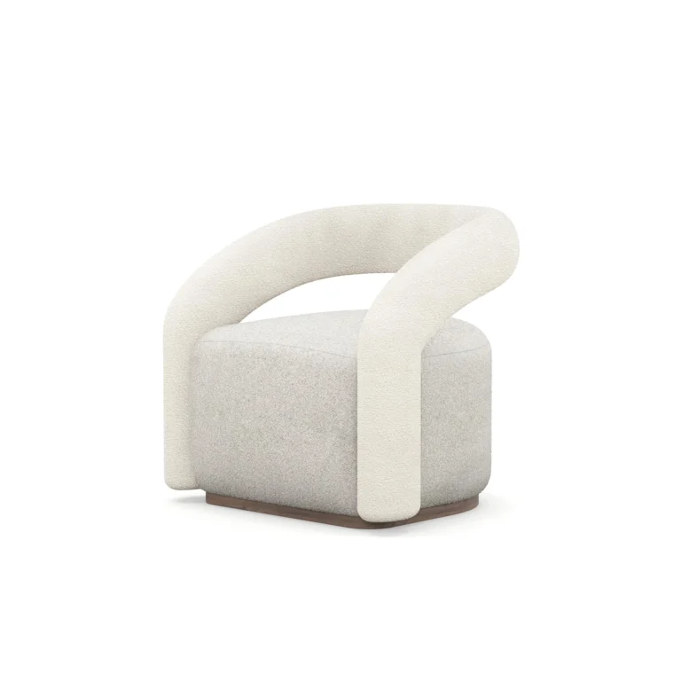 Emma armchair by Nolita Harbour, bouclé upholstered armchair with walnut plinth and sculptural curved silhouette.