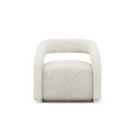 Emma armchair by Nolita Harbour, bouclé upholstered armchair with walnut plinth, sculptural wraparound silhouette, and serene modern design.