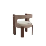 Fay luxury dining chair by Nolita Harbour, bouclé chair with curved back, walnut posts, and tailored architectural form.