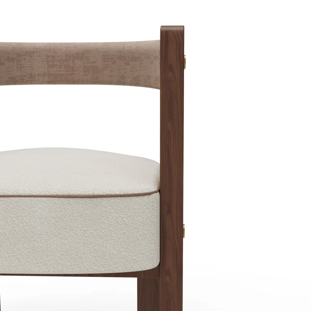 Fay contemporary dining chair details by Nolita Harbour, upholstered chair with crescent back and sculptural walnut structure.