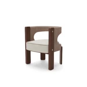 Fay dining chair by Nolita Harbour, bouclé upholstered chair with walnut frame and crescent back, sculptural modern design.