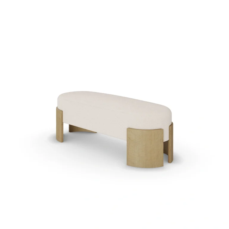 Gilda bench by Nolita Harbour, bouclé upholstered bench with solid oak legs and clean, linear sculptural silhouette.