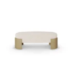 Gilda bouclé bench by Nolita Harbour, luxury upholstered bench with soft curves and solid oak end-block legs.
