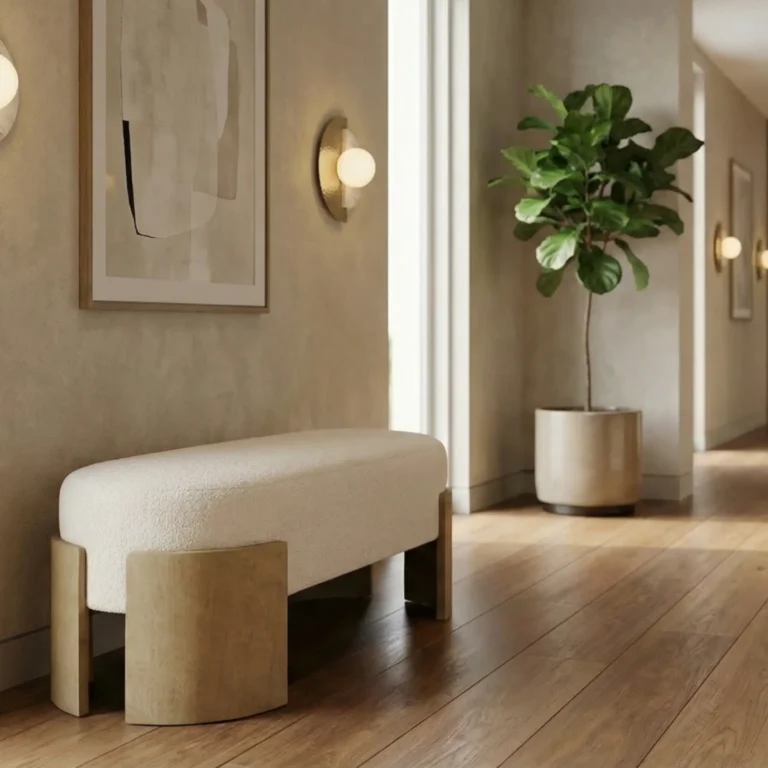 Gilda bench by Nolita Harbour, bouclé upholstered bench with solid oak legs and linear sculptural form in a refined hotel hallway.