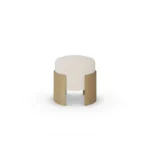 Gilda vanity stool by Nolita Harbour in fabric upholstery and oak wood, tailored round seat with warm timber base and sculptural form.