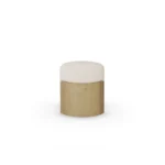 Gilda upholstered stool by Nolita Harbour with carved oak base, modern accent seat with plush padding and clean, balanced proportions.