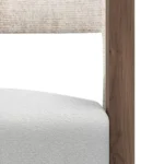 Goldie contemporary dining chair details by Nolita Harbour, velvet chair with walnut legs, brass accents, and refined architectural form.
