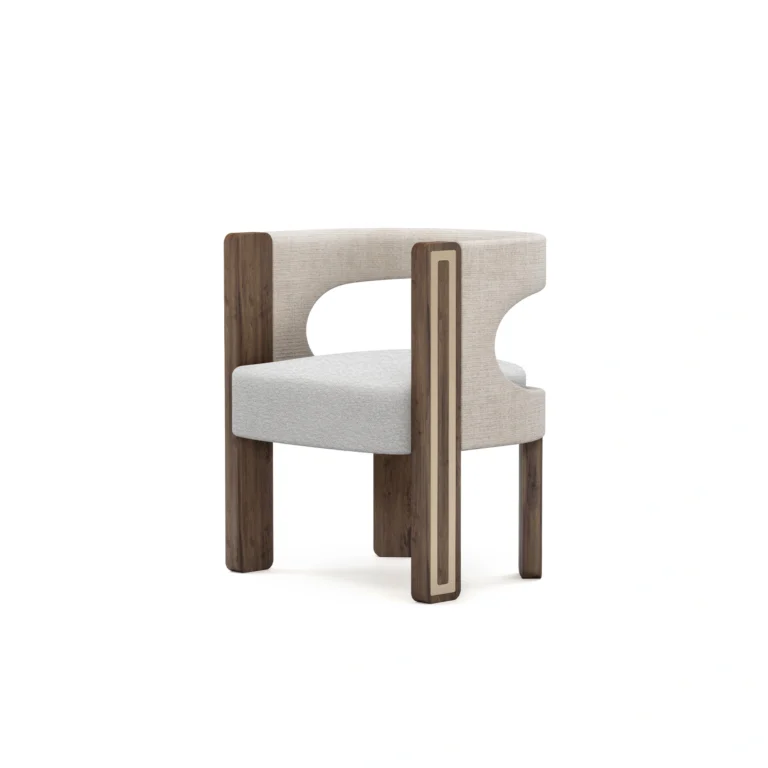 Goldie dining chair by Nolita Harbour, velvet upholstered chair with walnut frame and brass feet, sculptural crescent-back design.