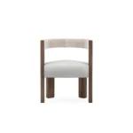 Goldie designer dining chair by Nolita Harbour, velvet upholstered chair with crescent back and sculptural walnut frame.