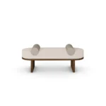 Grace bouclé bench by Nolita Harbour, luxury upholstered bench with soft curves and light, elevated wood base.