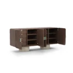 Opened Henry Sideboard, a designer sideboard by Nolita Harbour in walnut and ceramic, combining smooth handles with sculpted wooden doors