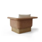 Isabella timber base armchair by Nolita Harbour, velvet and bouclé chair with enveloping form and modern luxury design.