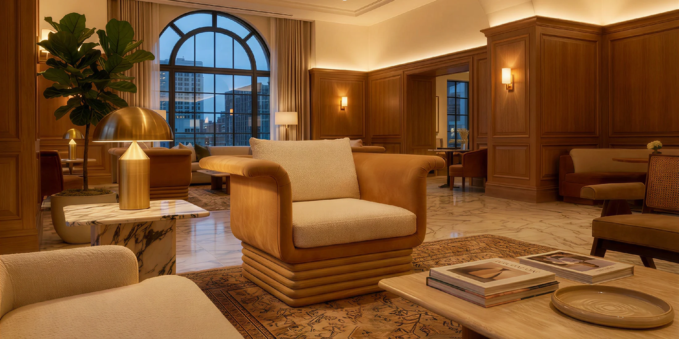 Sophisticated Nolita Harbour living room with Isabella velvet and bouclé armchairs, warm wood paneling, layered lighting, and timeless luxury interior ambiance.