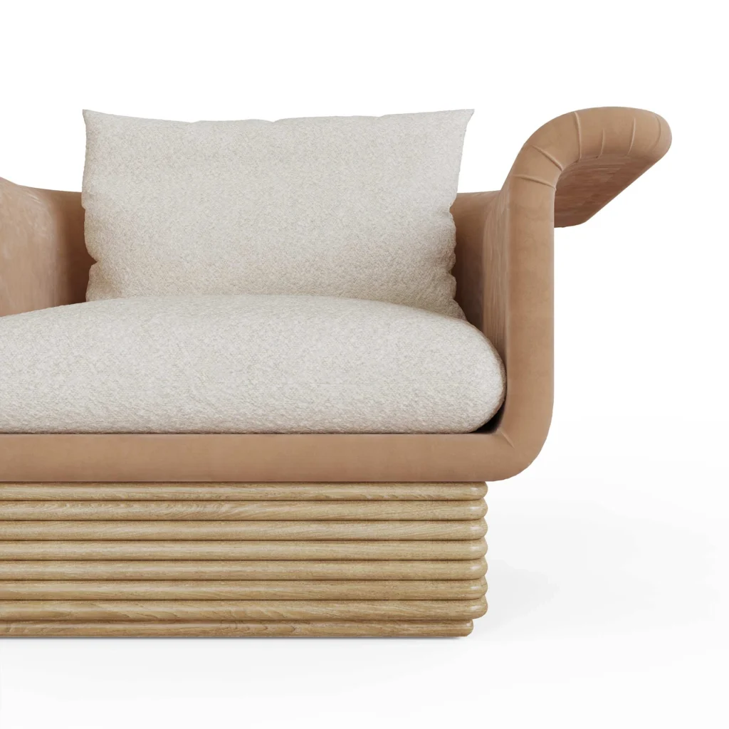 Isabella designer armchair by Nolita Harbour, curved velvet accent chair with bouclé upholstery and refined timber detailing.