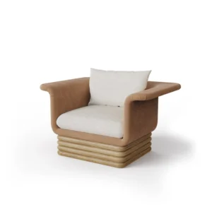 Isabella armchair by Nolita Harbour, velvet and bouclé armchair with sculptural curved shell and timber base.