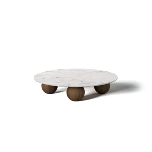 Jhoan Coffee Table by Nolita Harbour, a round coffee table in Estremoz marble with a sculptural wood base.