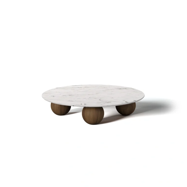 Jhoan Coffee Table by Nolita Harbour, a round coffee table in Estremoz marble with a sculptural wood base.