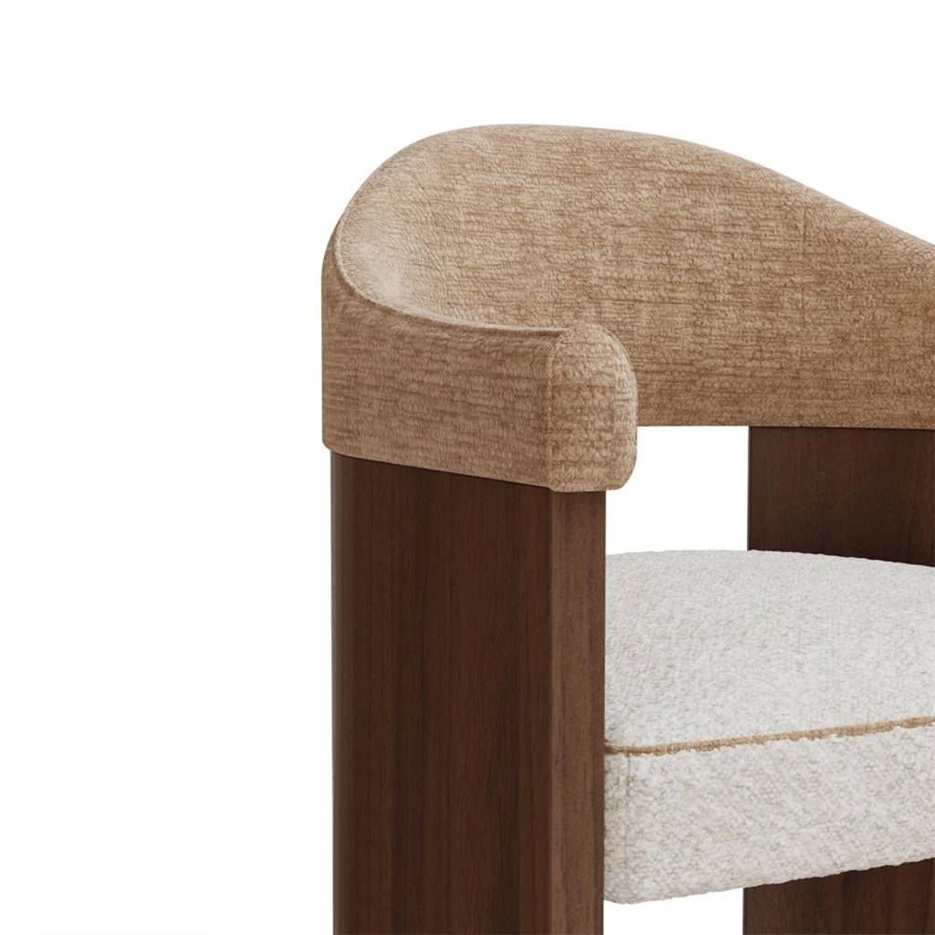 Junna dining chair details by Nolita Harbour, bouclé upholstered chair with walnut frame and curved open-back silhouette.