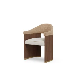 Junna walnut dining chair by Nolita Harbour, bouclé upholstered seat with curved open back and elegant architectural line.