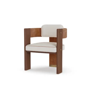 Lana dining chair by Nolita Harbour, upholstered luxury dining chair with curved back, padded seat, and elegant timber legs.