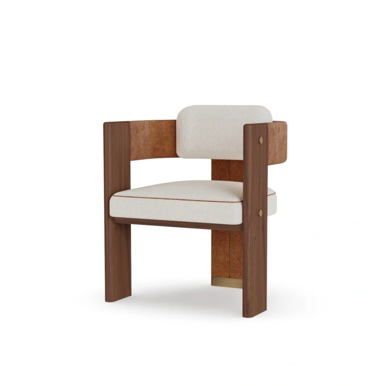Lana dining chair by Nolita Harbour, upholstered luxury dining chair with curved back, padded seat, and elegant timber legs.