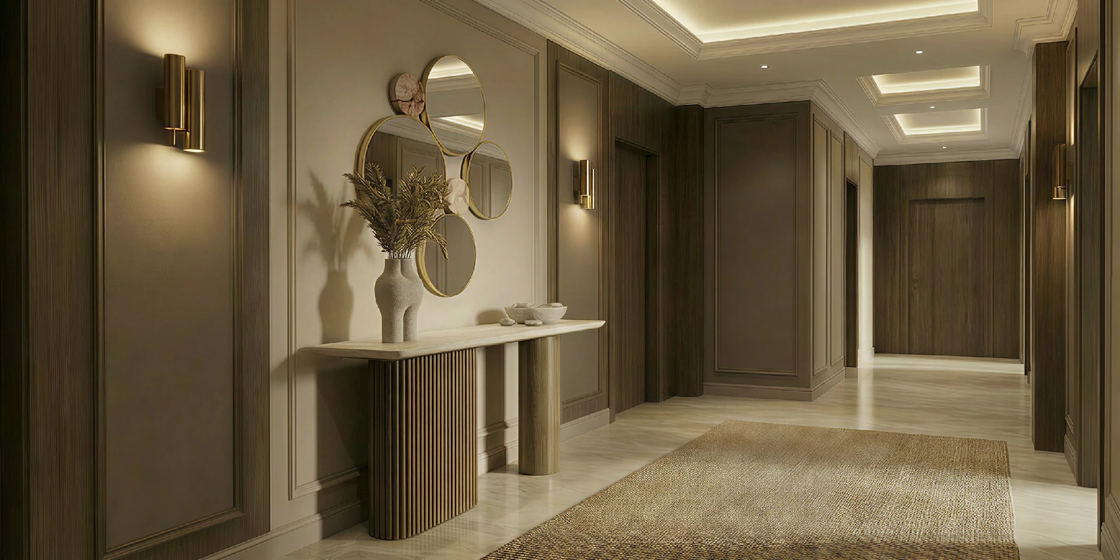 A luxury hallway with Nolita Harbour decorations and furniture like the Livia console, a luxury travertine console table, conceived as a linear architectural volume.